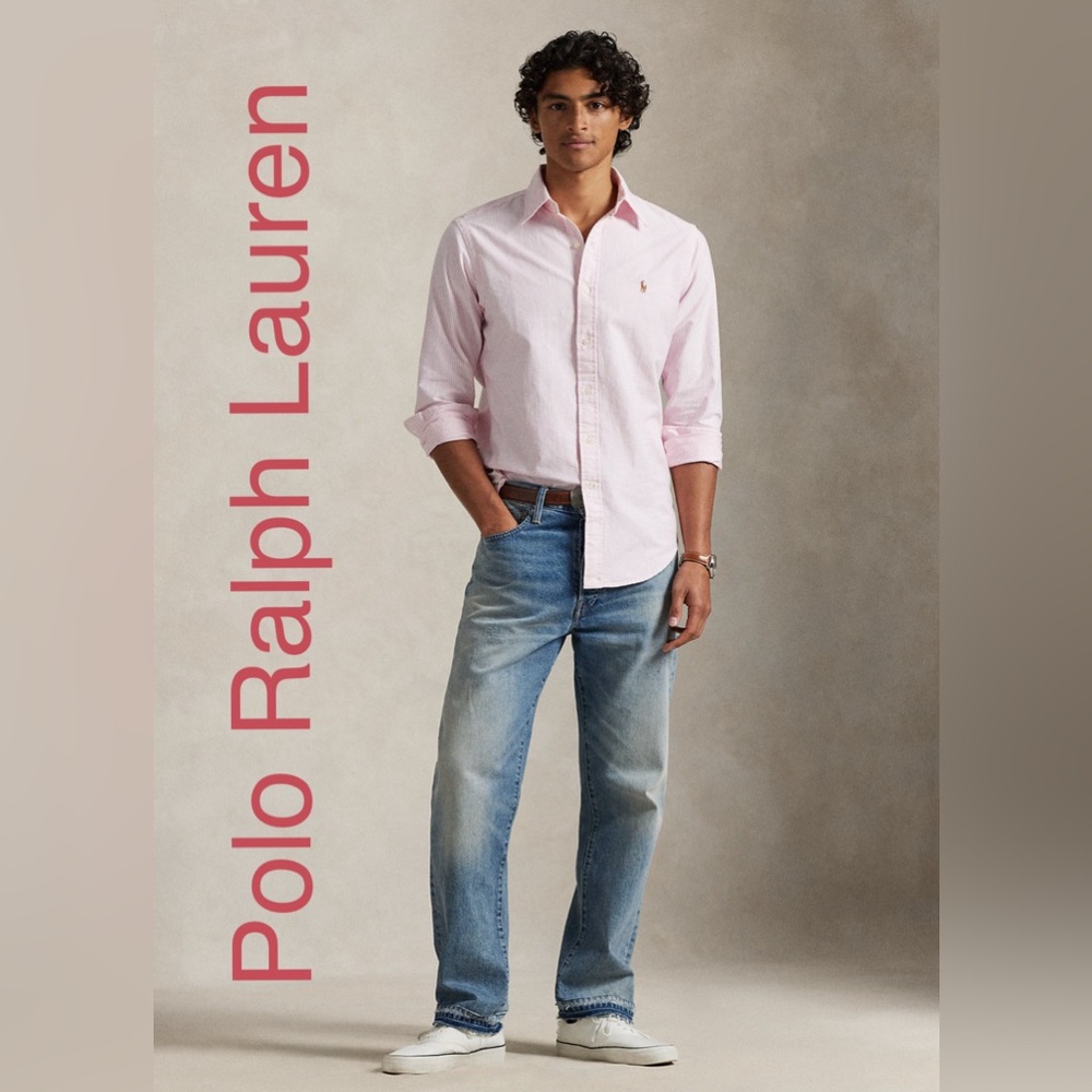 NWOT POLO Ralph Lauren Classic Fit Striped Oxford Shirt pink & white stripe-med